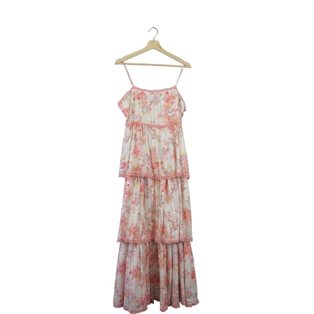 Caroline Constas Cream and Pink Floral Tiered Maxi Dress